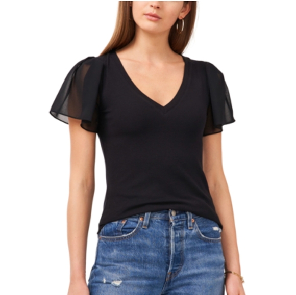 1. State Tops - 1. STATE Flutter Sleeve Rib Knit T-Shirt, black M